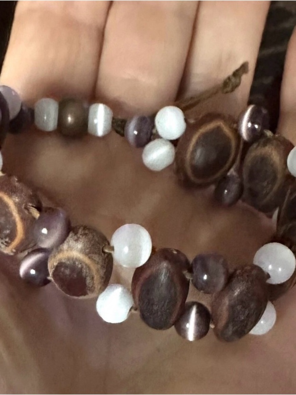 Vintage Natural Wood and White Moonstone Bead Adjustable Bracelet